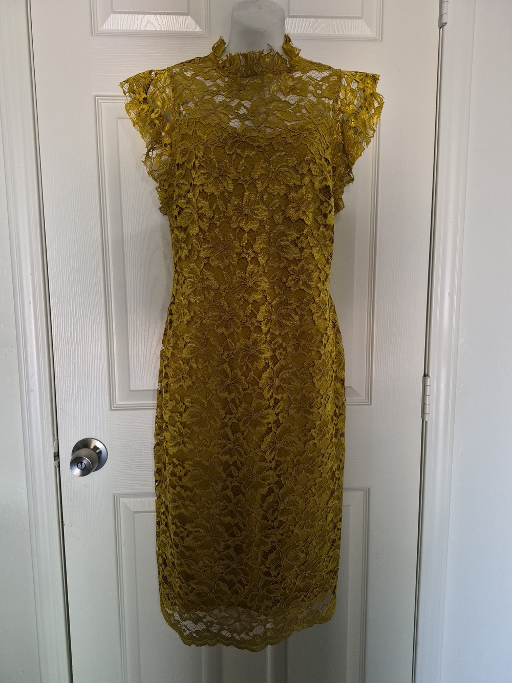 Enfocus Studio Mustard Lace Midi Dress with Ruffle Collar